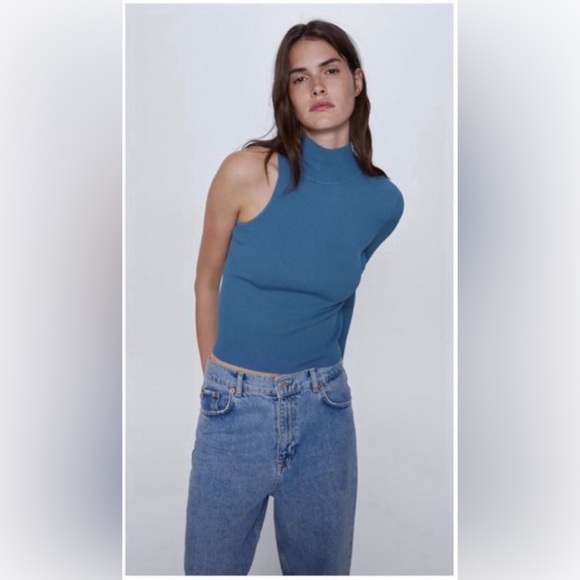 Zara Turtle Neck One Sleeve Top Light Blue M - Picture 1 of 2